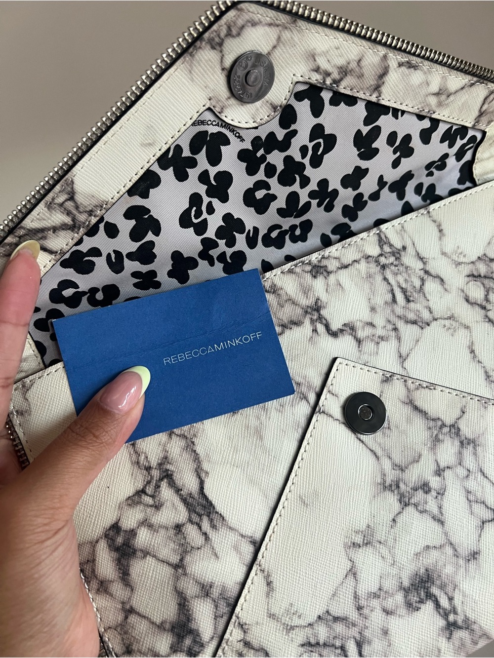 Rebecca Minkoff White Marble-Print Moto Zipper Clutch with Leopard Interior